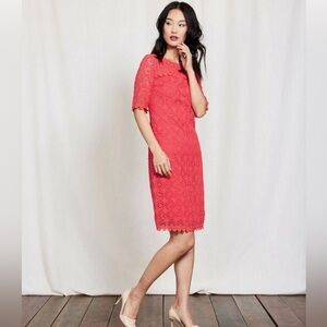 BODEN Coral Pink Poppy Lace Crochet Shift Dress Short Sleeve Feminine Garden